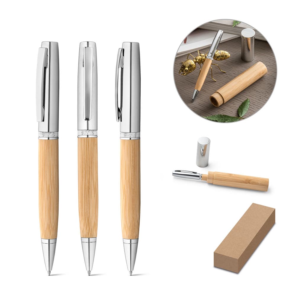 Caneta de Bambu e Metal com Estojo – S91775