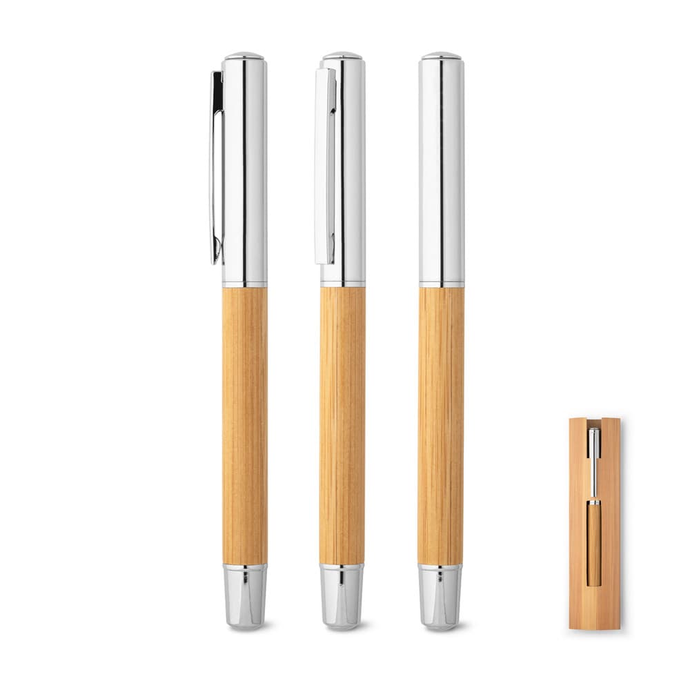 Caneta Reciclada Roller de Inox e Bambu com Tampa – S91776